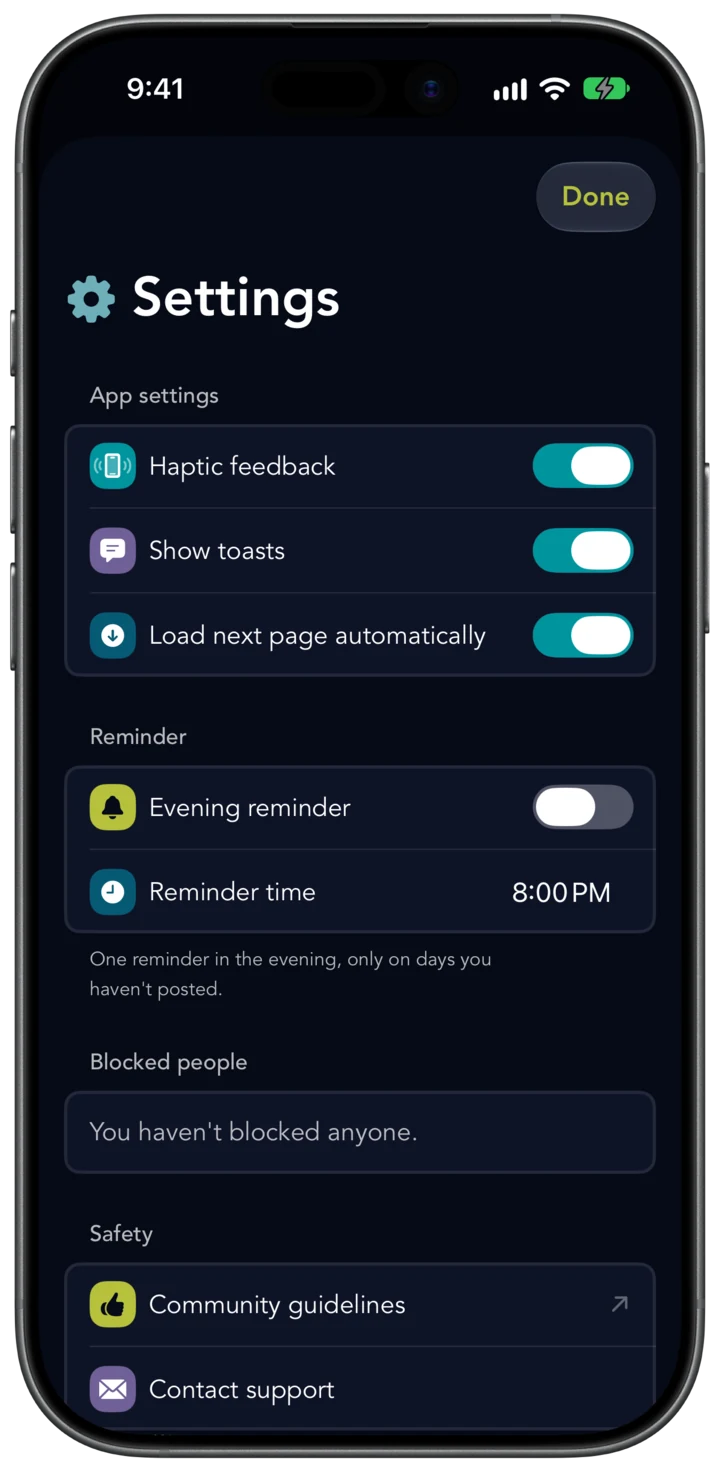 The Settings screen with the Reminder section: Evening reminder, Reminder time 8:00 PM, and One reminder in the evening, only on days you haven't posted.