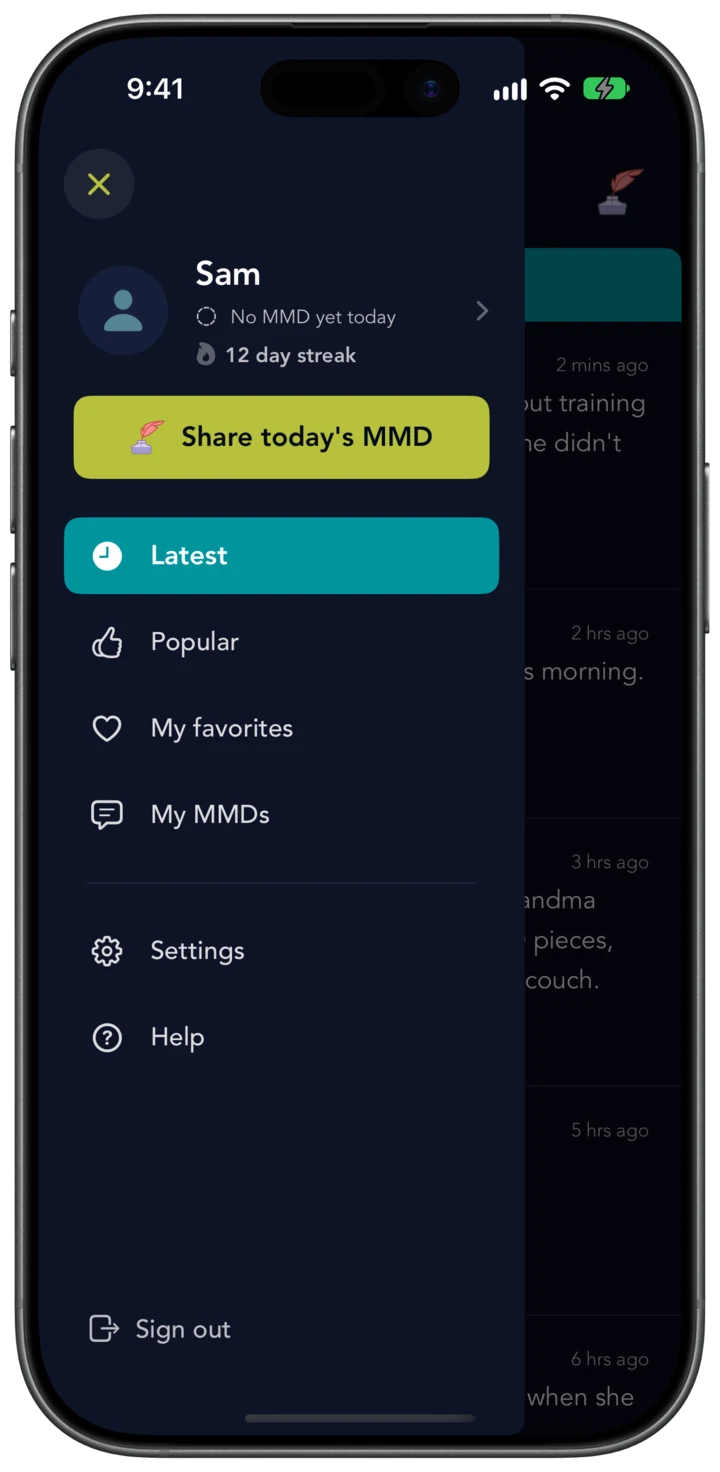 The open menu for Sam: No MMD yet today, a grey flame beside 12 day streak, and the Share today's MMD button