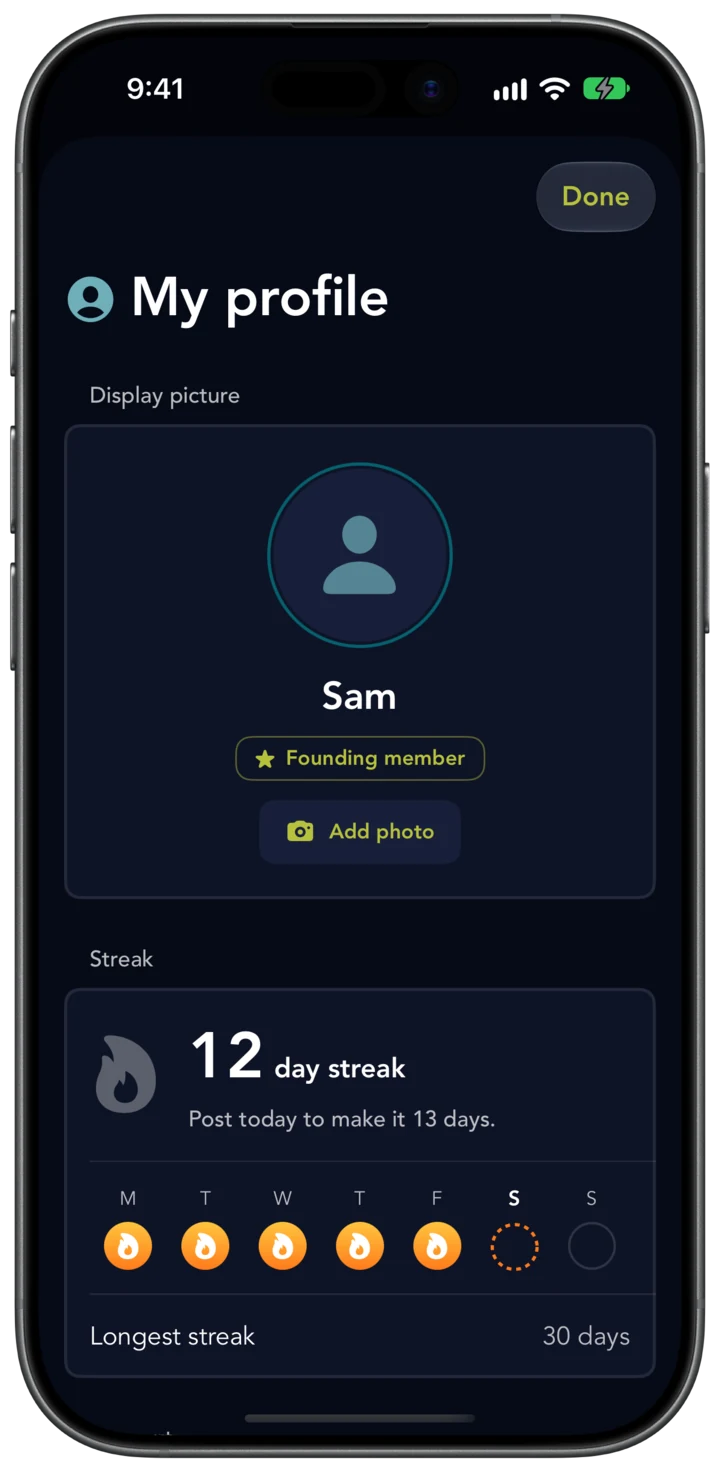 My profile for Sam: a grey flame, 12 day streak, Post today to make it 13 days, and a dashed ring on today