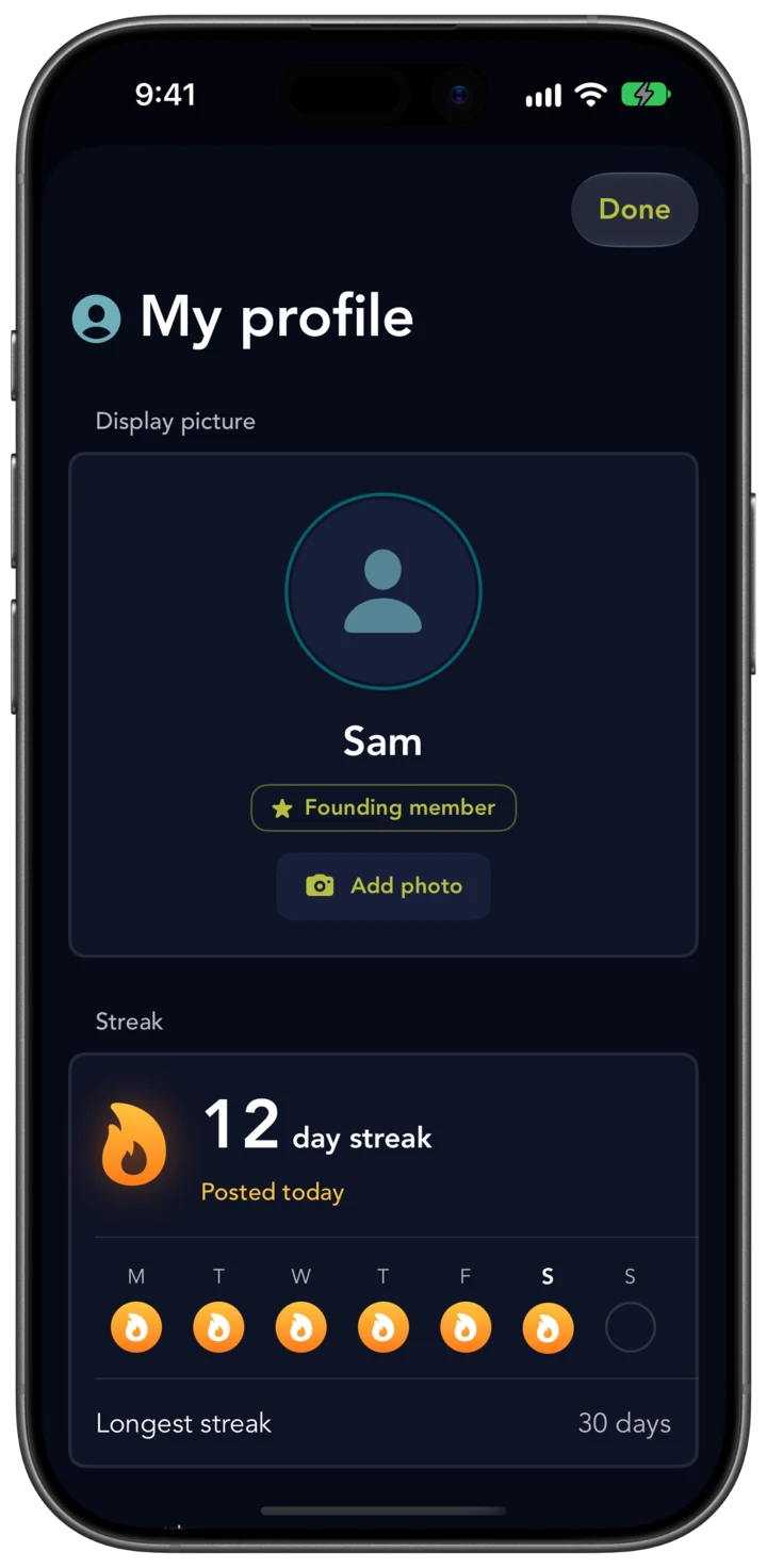 My profile for Sam: a lit flame, 12 day streak, Posted today, a flame on every day this week so far, and a longest streak of 30 days