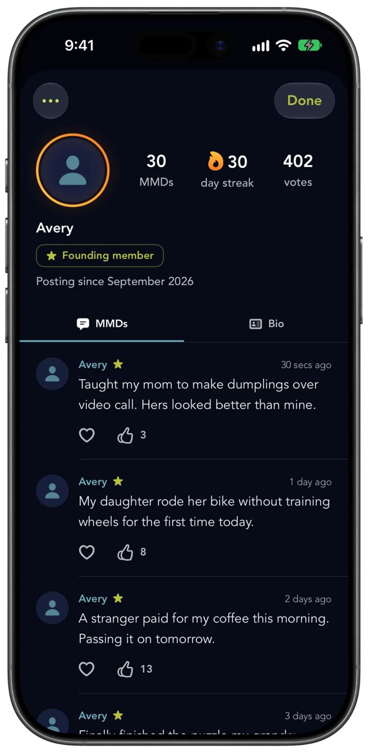 Avery's profile: an orange ring around the photo, 30 MMDs, a 30 day streak and 402 votes, the Founding member badge, Posting since September 2026, and the MMDs tab